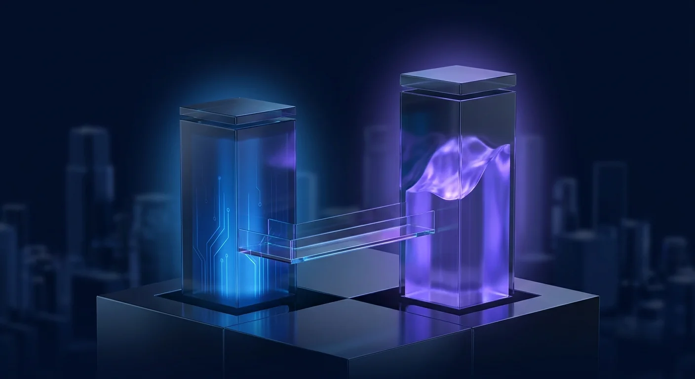 Two glowing glass towers side by side connected by a thin floating bridge