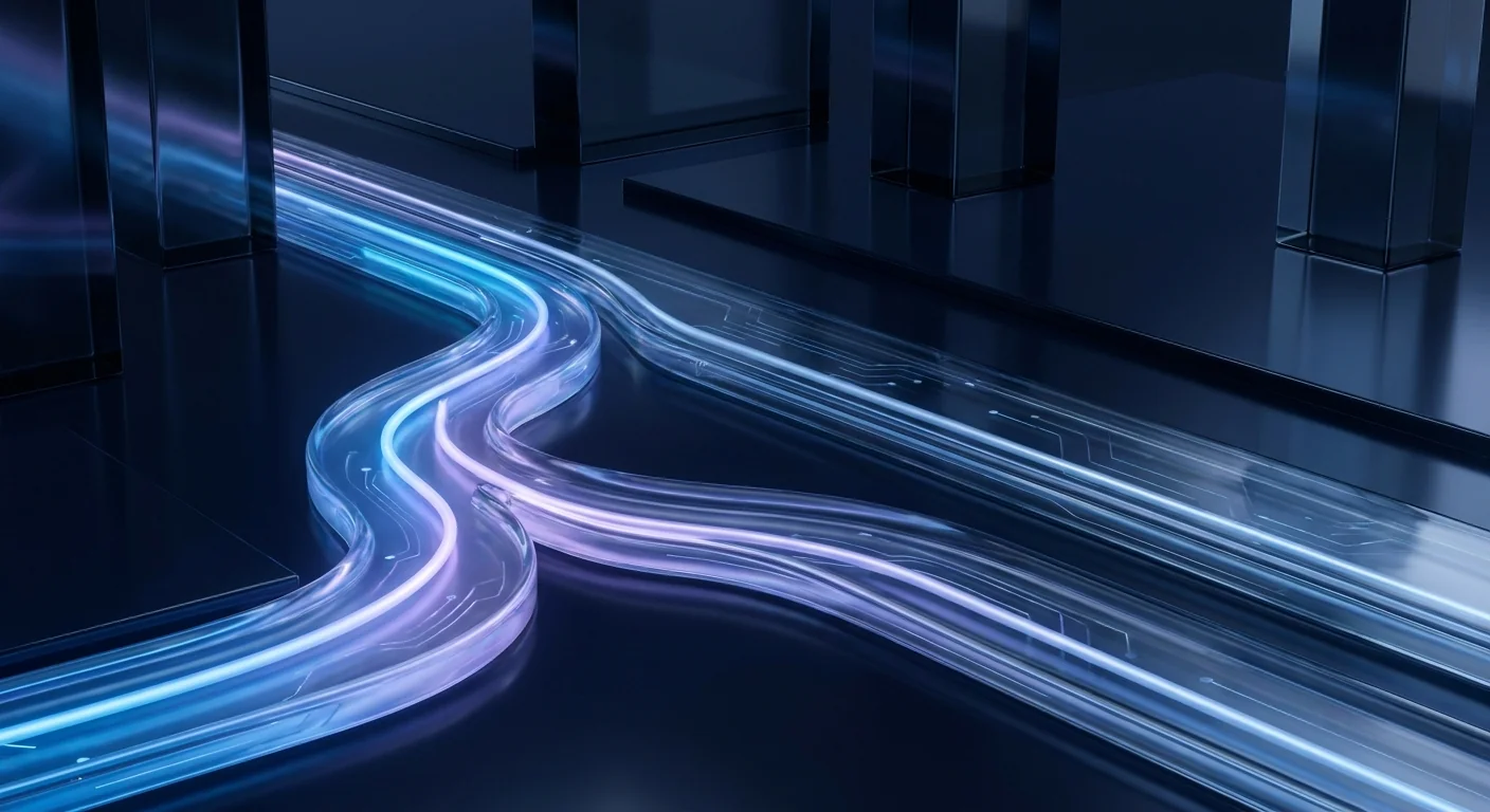 Two glass streams flowing from a single source with soft violet lighting