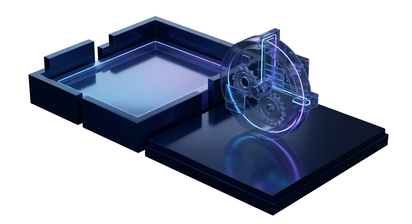 A still glass pond beside a busy glass mechanism with turning gears, both softly lit