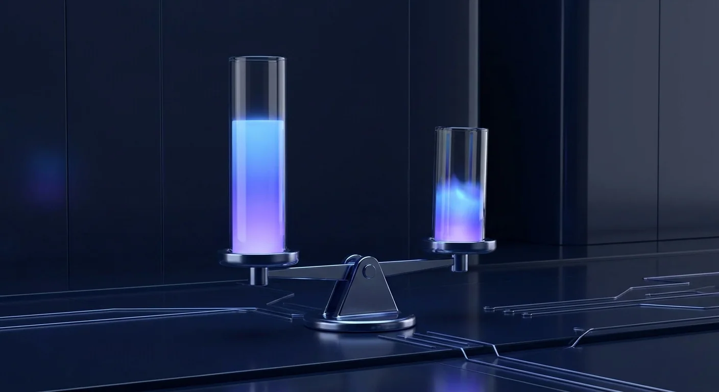 Two glass columns balanced on a scale, one taller and unstable, one shorter and steady