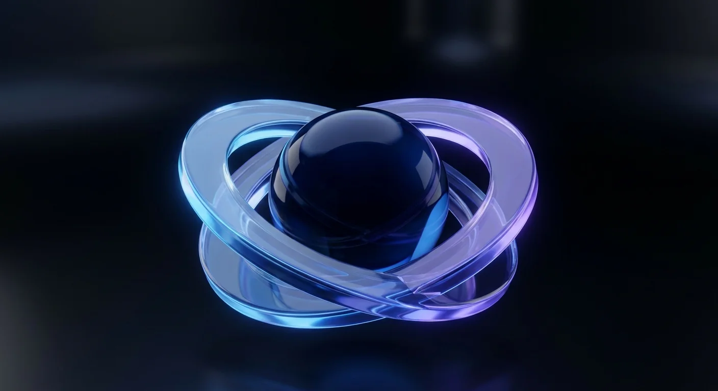 A glass sphere at the center with three transparent rings orbiting around it