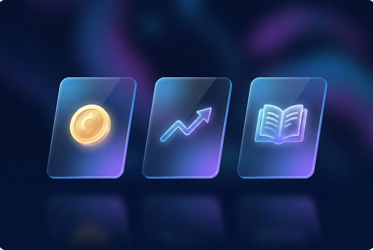 Glass dashboard cards with a coin, a rising curve, and an open book on a dark background
