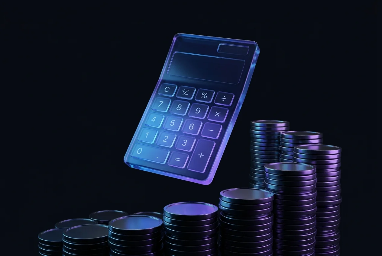 Glass calculator above a staircase of coins forming a rising curve