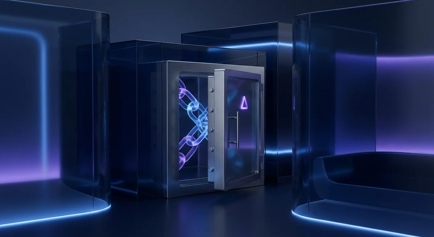 A dark glass vault door slightly open with a soft violet warning triangle above