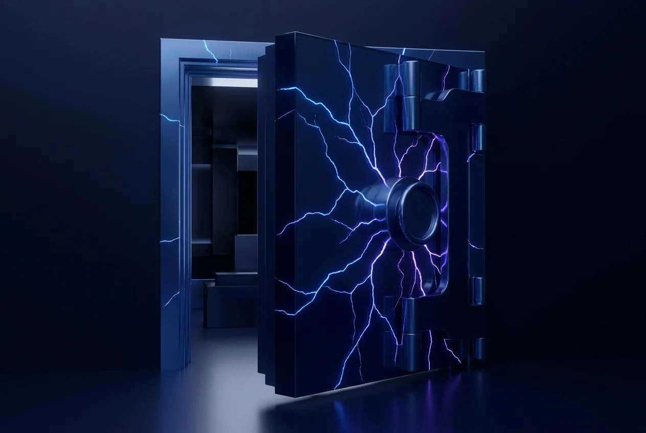 Glass vault door with glowing hairline cracks, slightly ajar