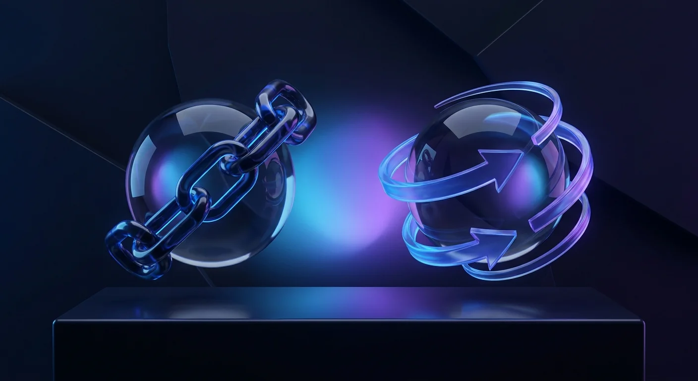 Two glass spheres on a dark platform, one chained and one with swirling arrows