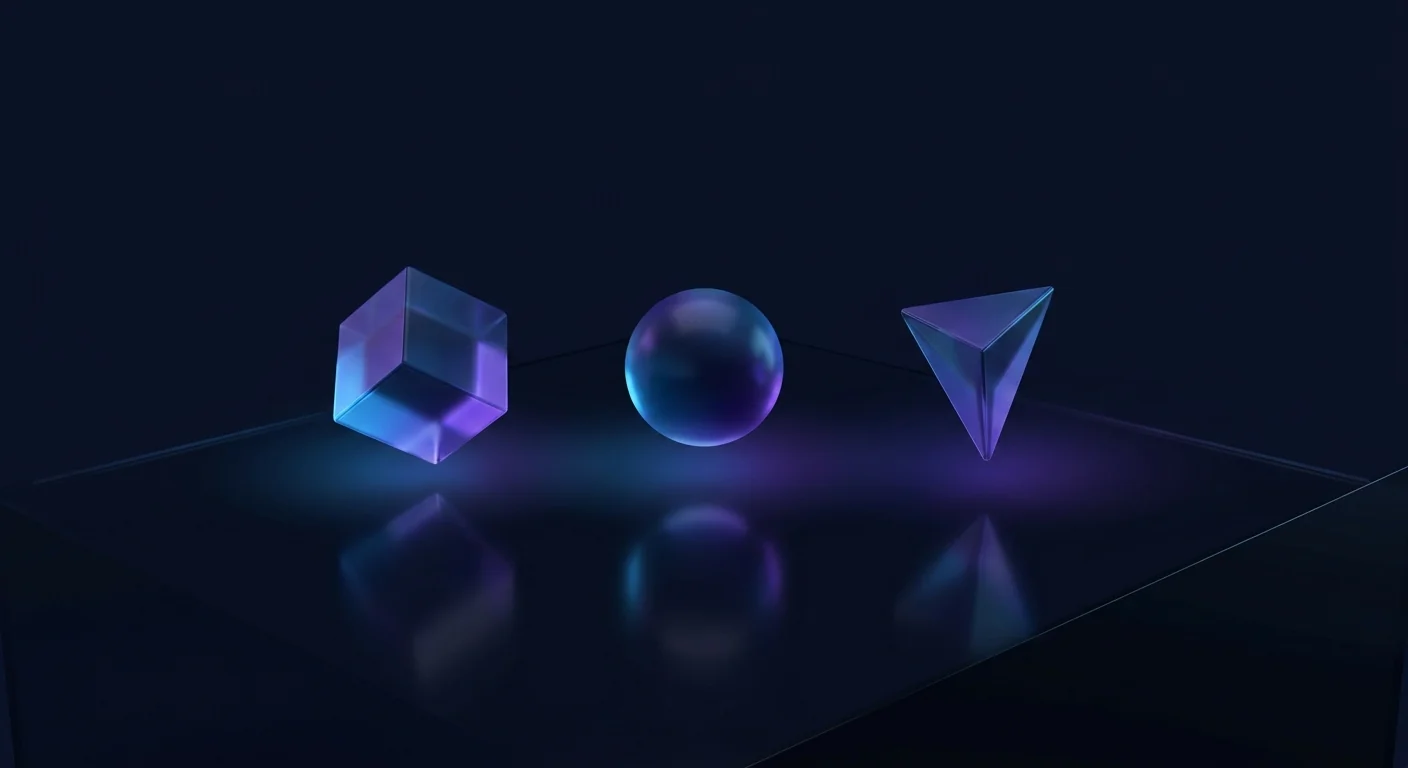 Three abstract glass tokens floating side by side under blue-violet gradient light