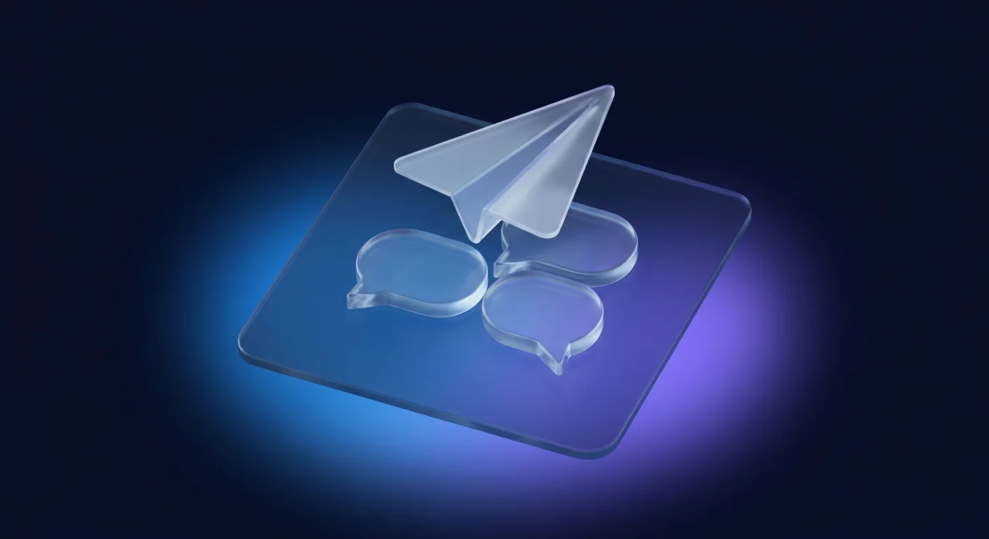 Glass paper plane hovering over three empty chat bubbles on a dark navy panel with blue-violet gradient light