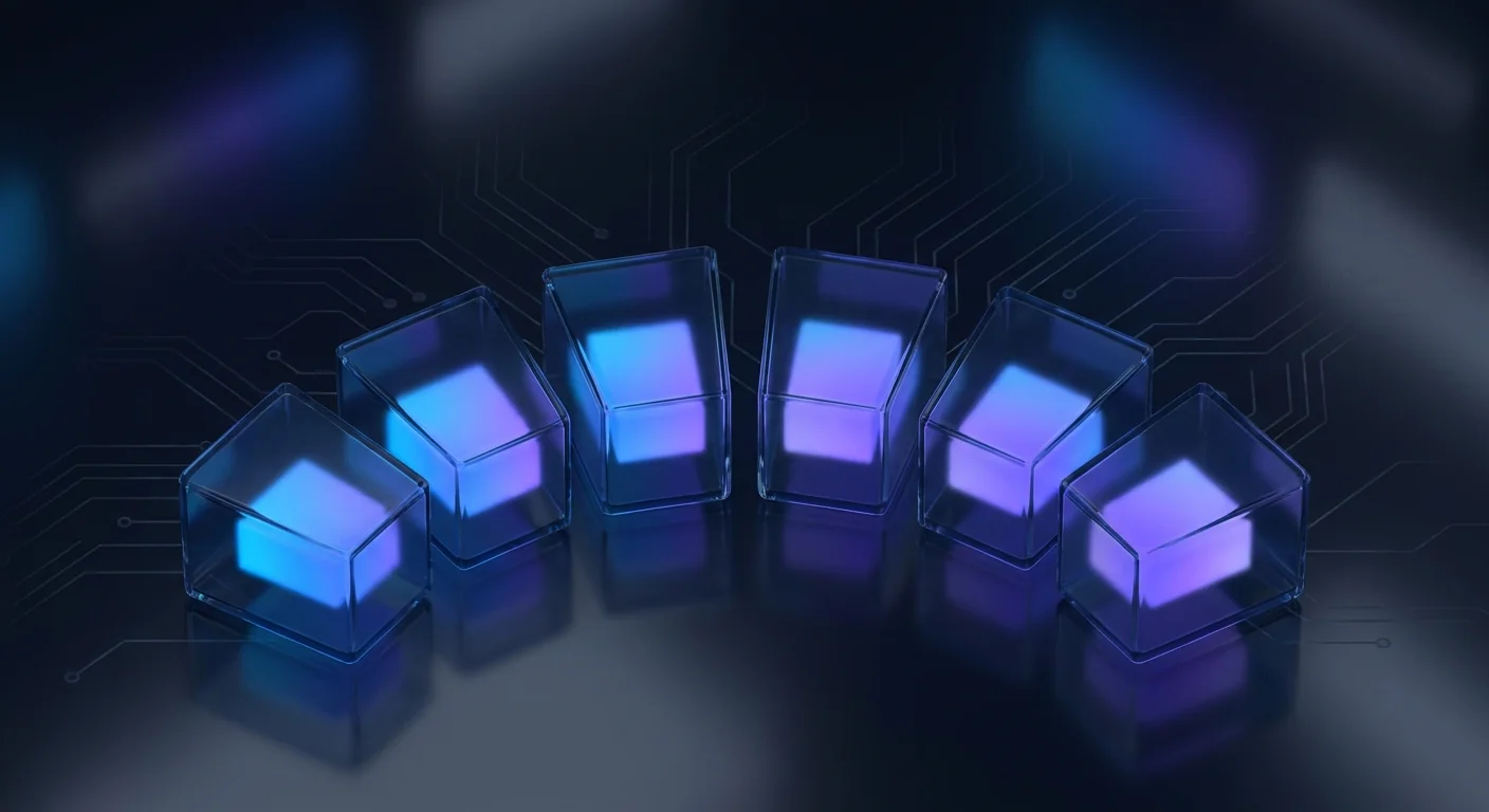 Six small glass shapes in rising arc, each glowing with different intensity