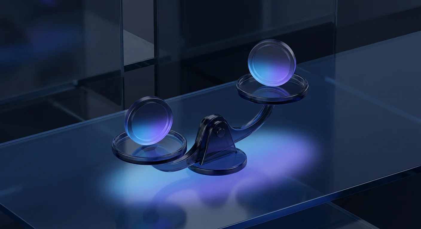 Two glass coins on a balance scale tilted slightly out of balance