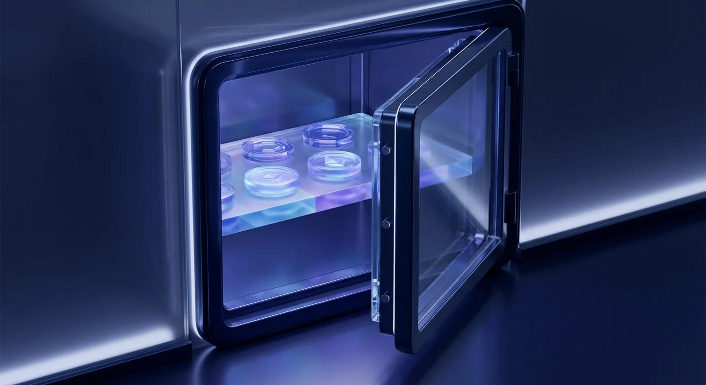 A large glass vault door slightly ajar with glass tokens on a shelf inside