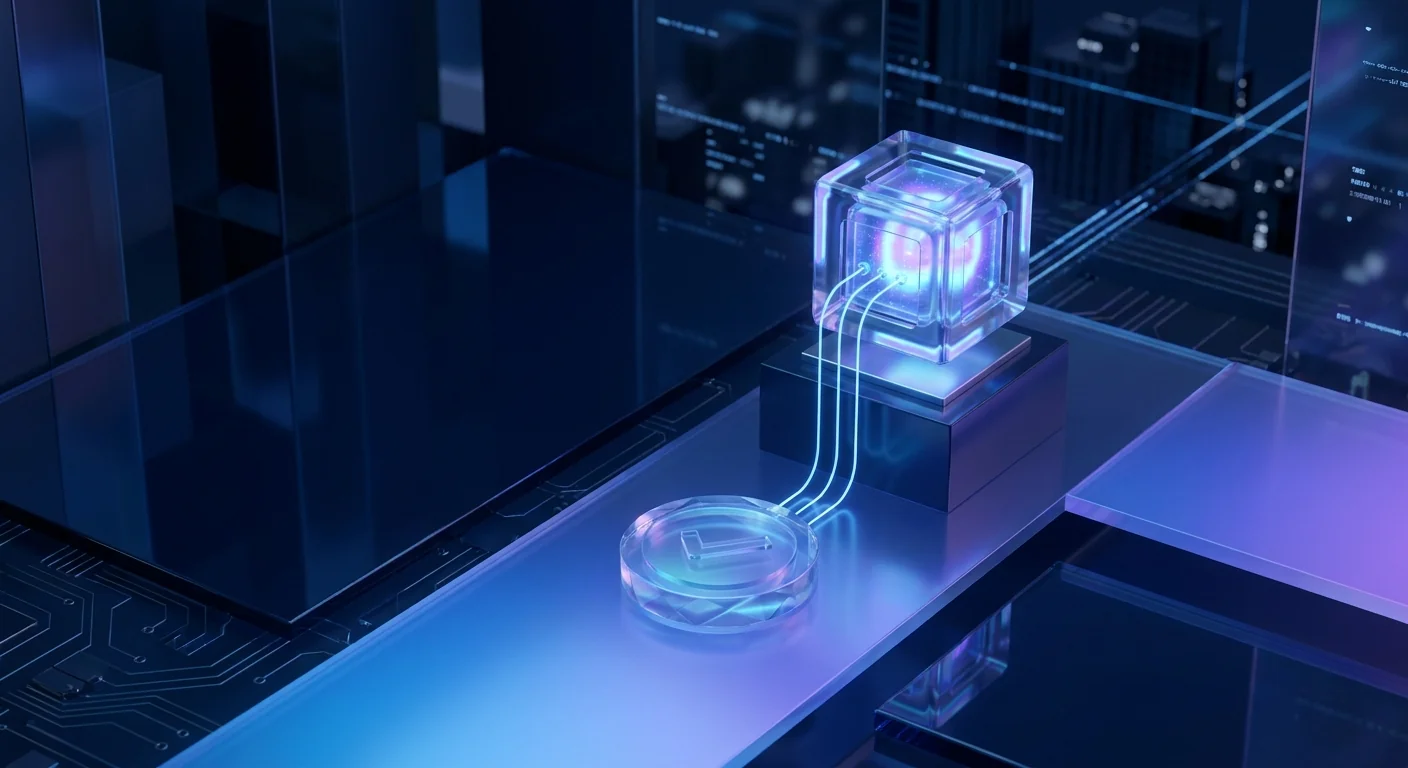 Glass validator node with three blue streams pouring into a floating receipt token