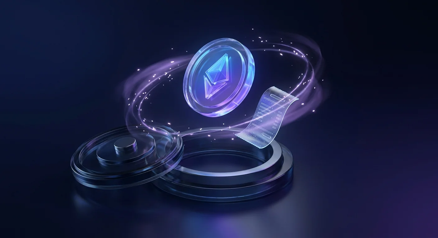 Glass coin floating above an open vault with a drifting receipt and violet reward sparks