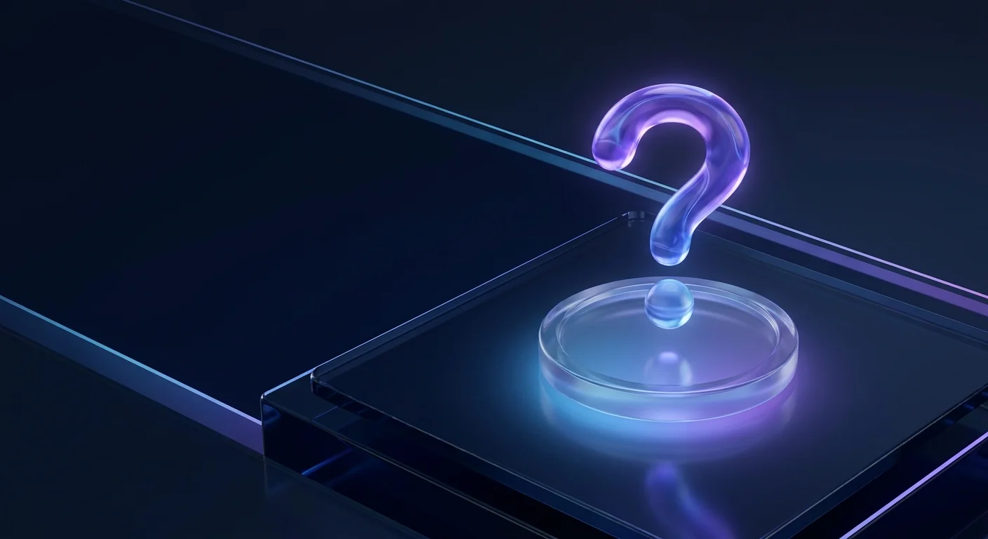 A flowing violet liquid question mark rising above a small glass coin on dark glass