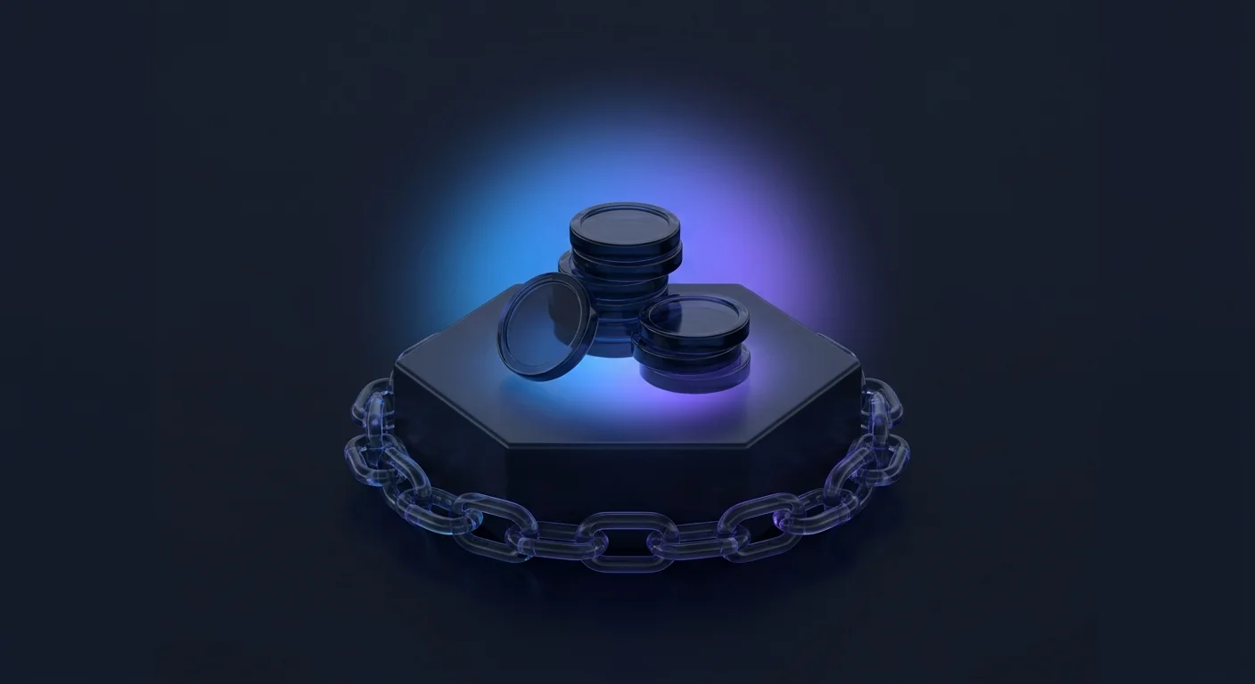 A short stack of glass coins on a dark hexagon platform with a faint chain wrap
