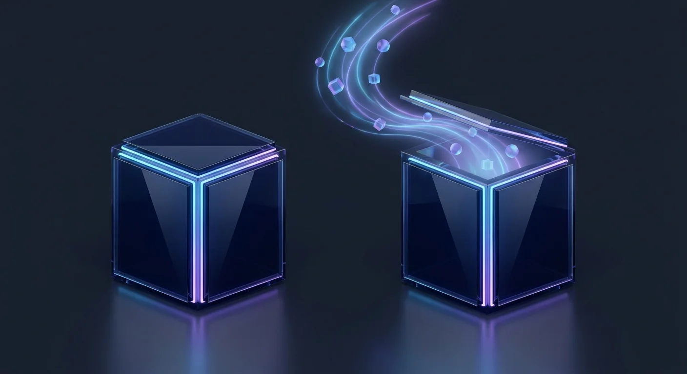Two glass vaults side by side, one closed and one releasing a light beam