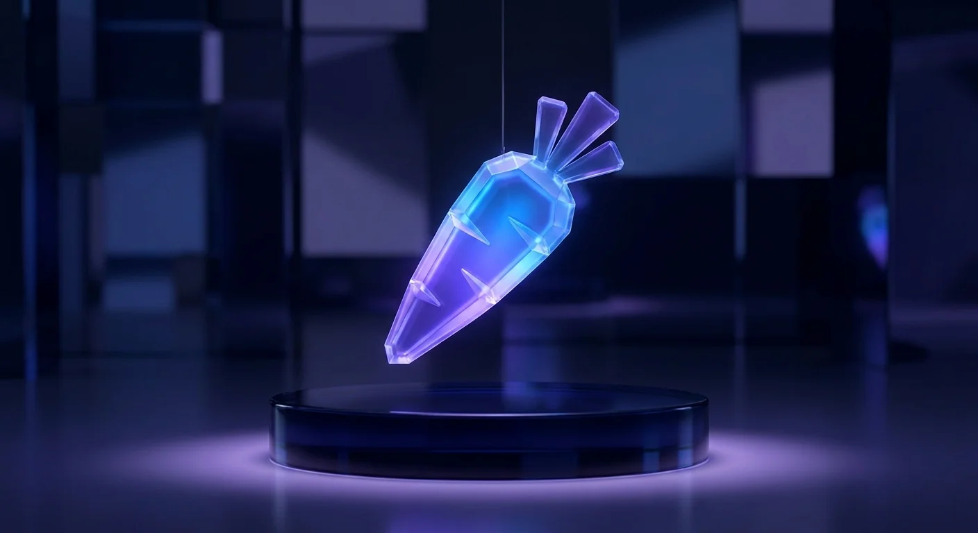 A glowing glass carrot dangled on a string above a dark reflective platform