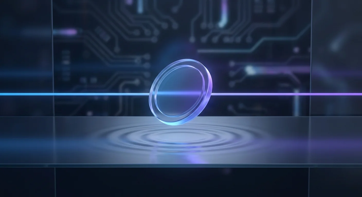 Glass coin hovering just below a horizontal reference line with soft violet glow