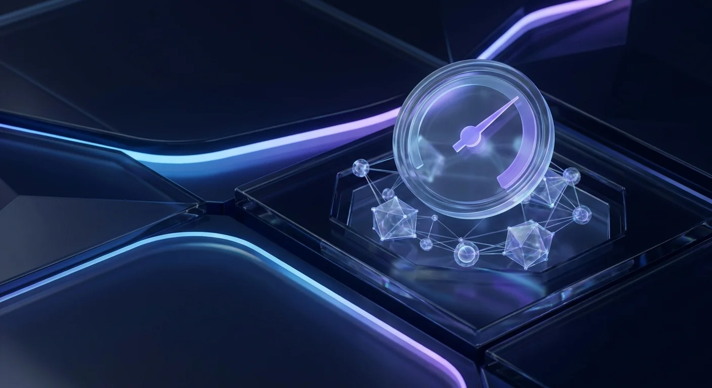 A floating glass dial with a violet needle above a network of translucent nodes